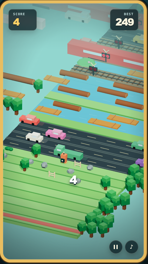 One Button Hopper gameplay with rivers, logs, traffic, railways, and the player character